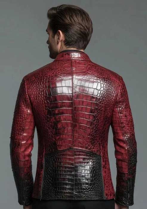 Genuine cowhide leather jacket for men with red and black crocodile finish