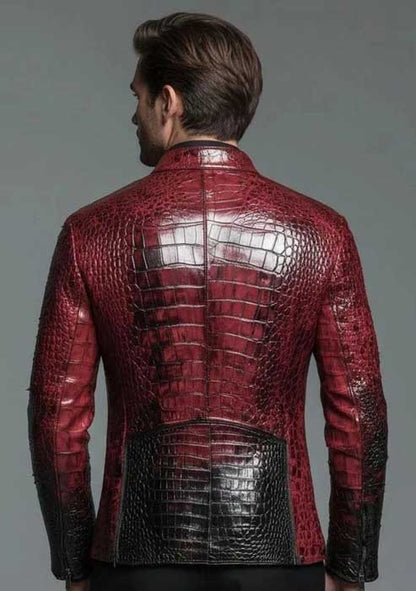 Genuine cowhide leather jacket for men with red and black crocodile finish