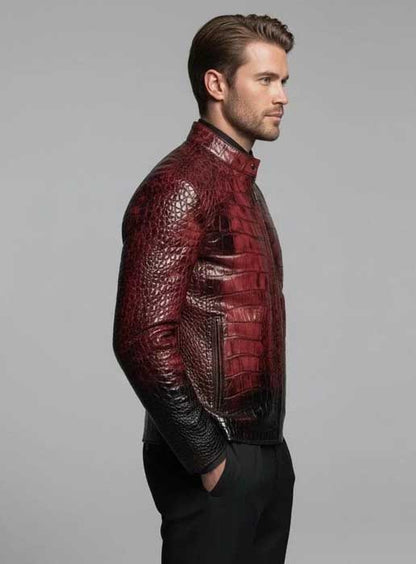 Personalized men's red and black crocodile leather jacket