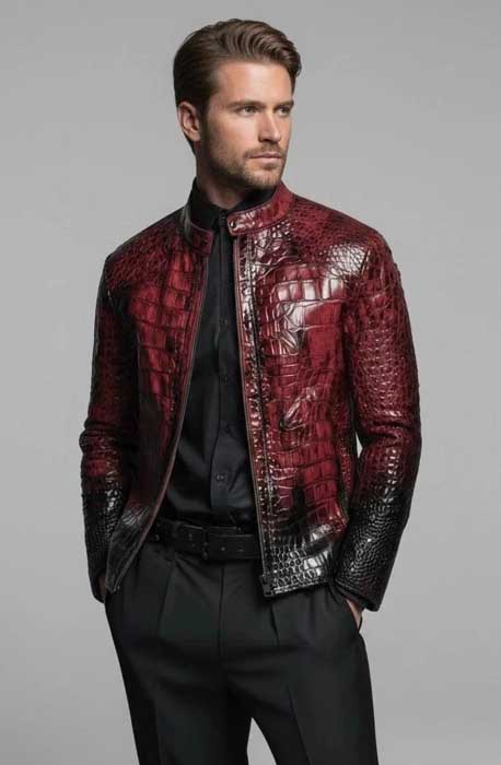 Men's red and black crocodile pattern genuine cowhide leather jacket
