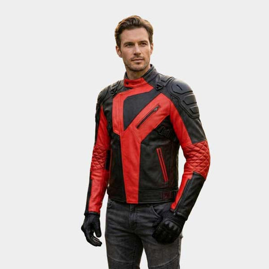 Men Red and Black Leather Motorcycle Jacket Quilted Armored Moto Coat