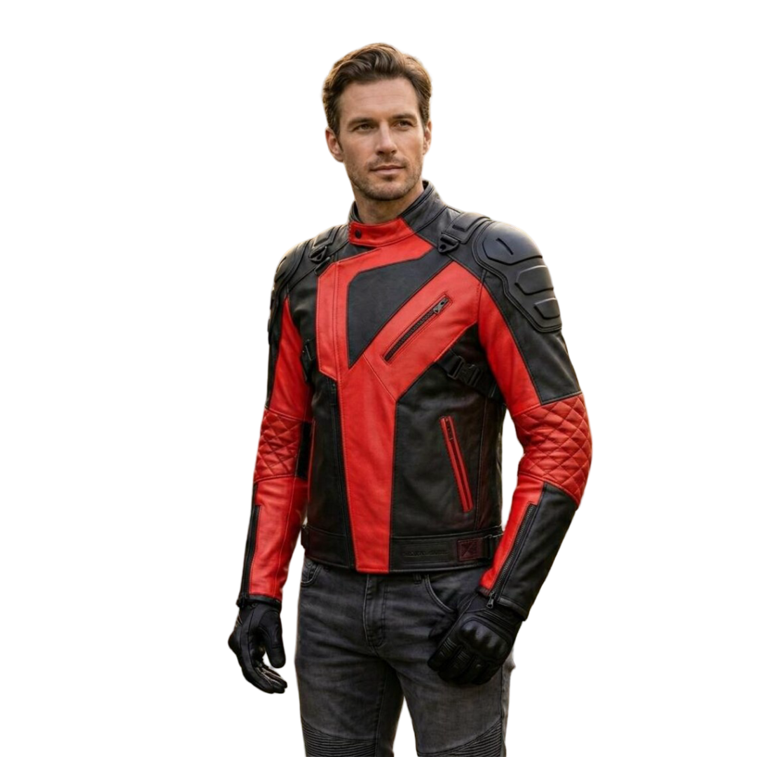 Front view of mens red and black leather motorcycle jacket