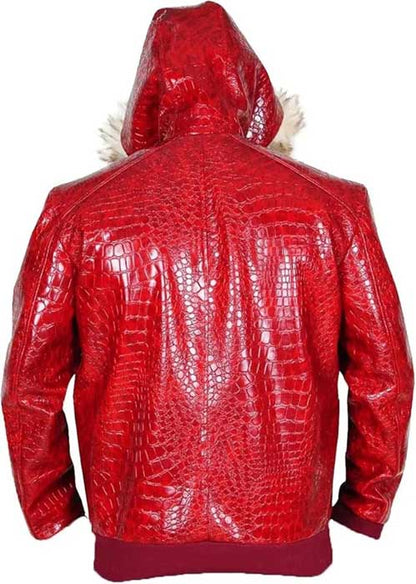 Red men's genuine leather jacket with crocodile texture and quilted lining