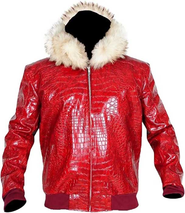 Men's red crocodile pattern genuine cowhide leather jacket with Sherpa fur hood