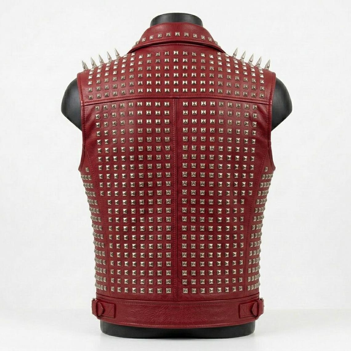 Back view of men red gothic motorcycle waistcoat