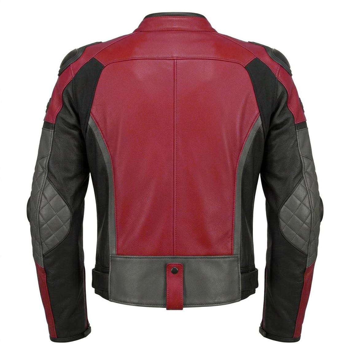 Back design of men red leather motorcycle jacket