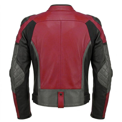 Back design of men red leather motorcycle jacket