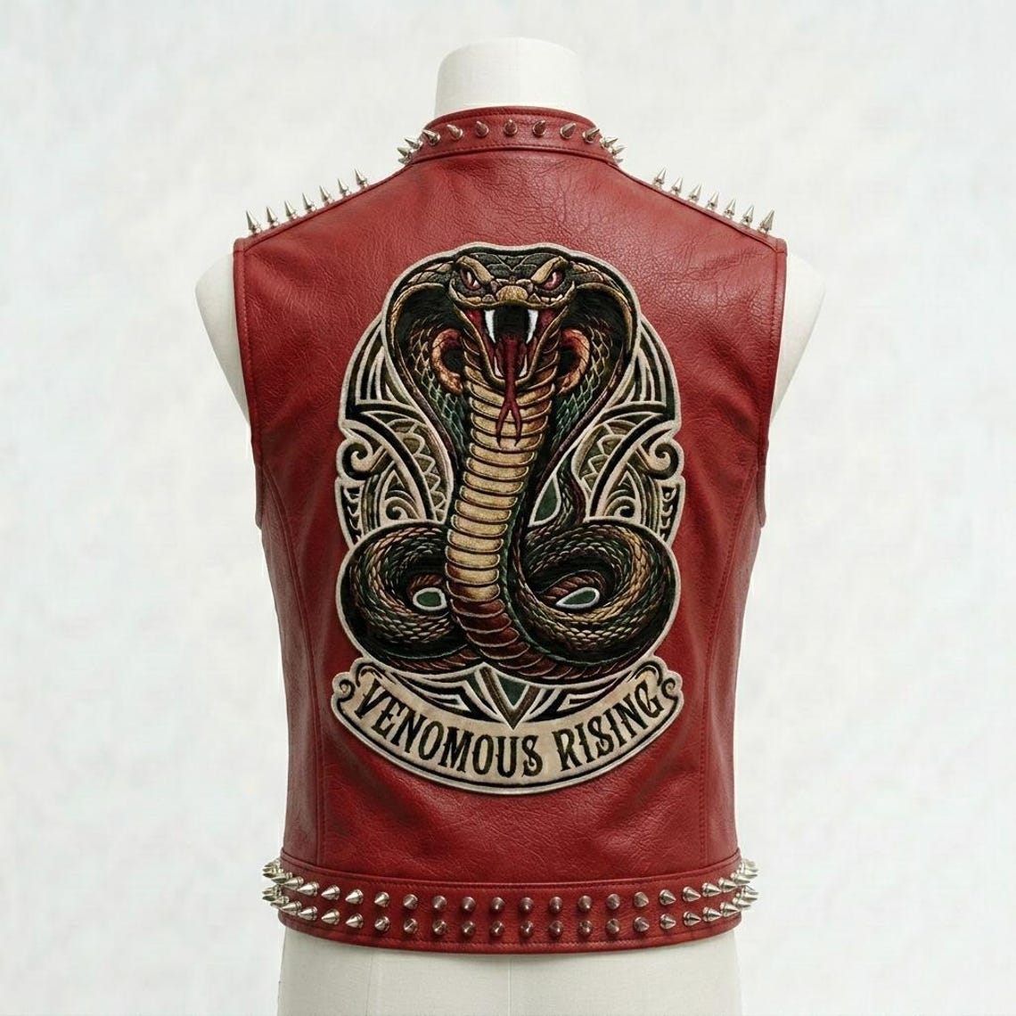 Back view of men red leather punk biker vest with bold design