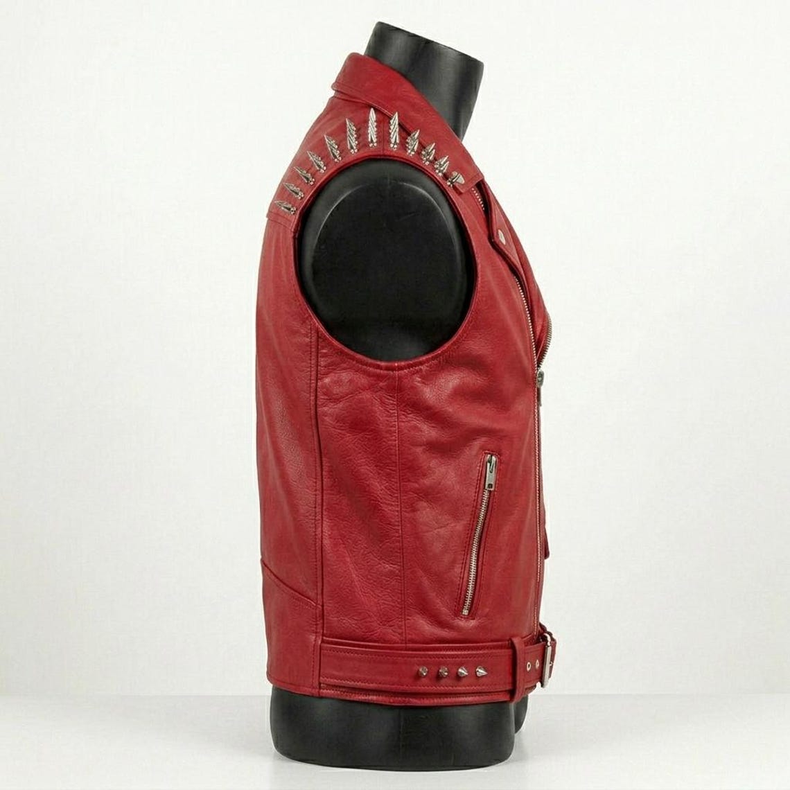 Side profile of men red leather motorcycle waistcoat