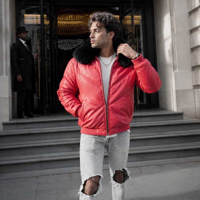 Men's red Goose Country leather bomber jacket with removable faux-fur collar