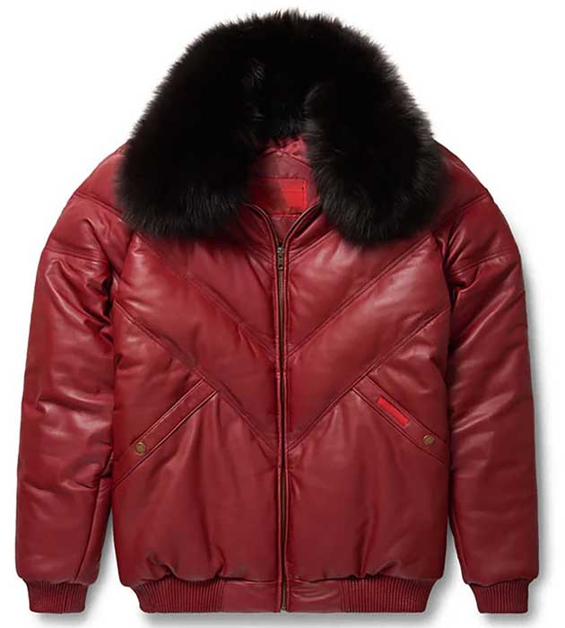 Men's red sheepskin V-bomber jacket for winter and cold weather