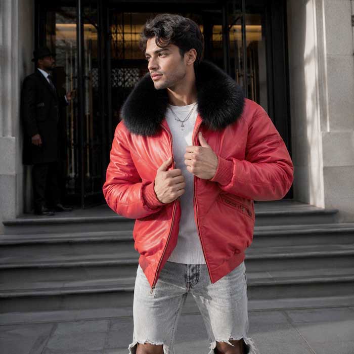 Men's red V-Bomber genuine sheepskin leather jacket with black faux-fur collar