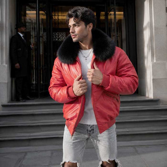 Men's red V-Bomber genuine sheepskin leather jacket with black faux-fur collar