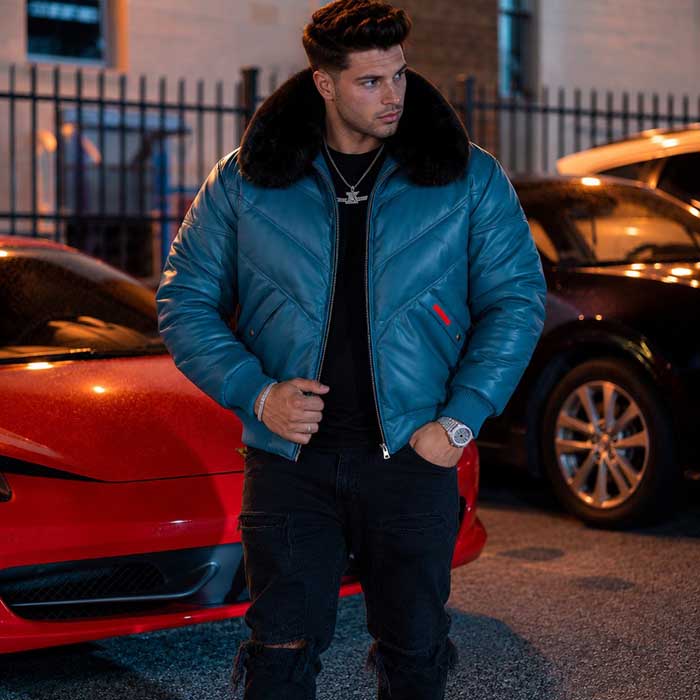 Men's slate blue sheepskin leather V-bomber jacket front view