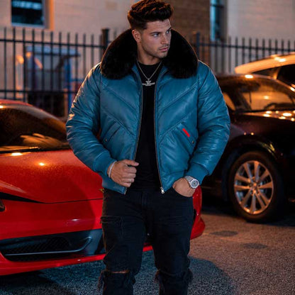 Men's slate blue sheepskin leather V-bomber jacket front view