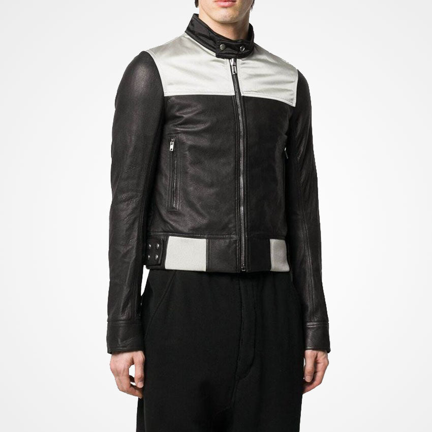 Men’s Slim Fit Black & Grey Biker Leather Jacket