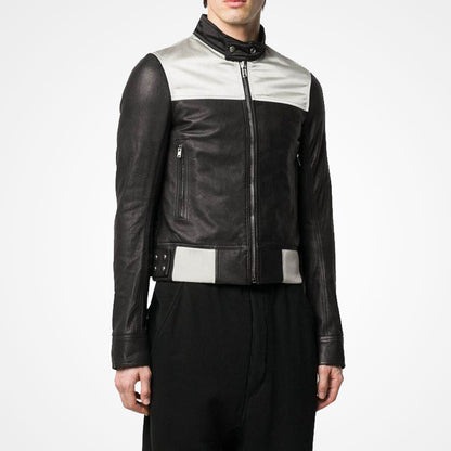 Men’s Slim Fit Black & Grey Biker Leather Jacket