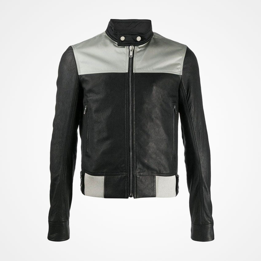 Men’s Slim Fit Black & Grey Biker Leather Jacket