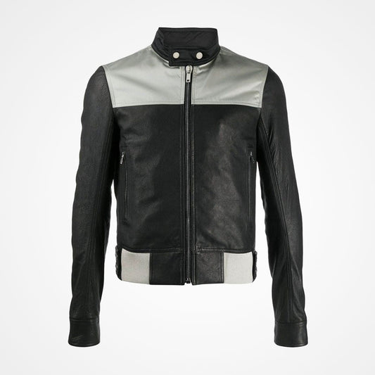 Men’s Slim Fit Black & Grey Biker Leather Jacket