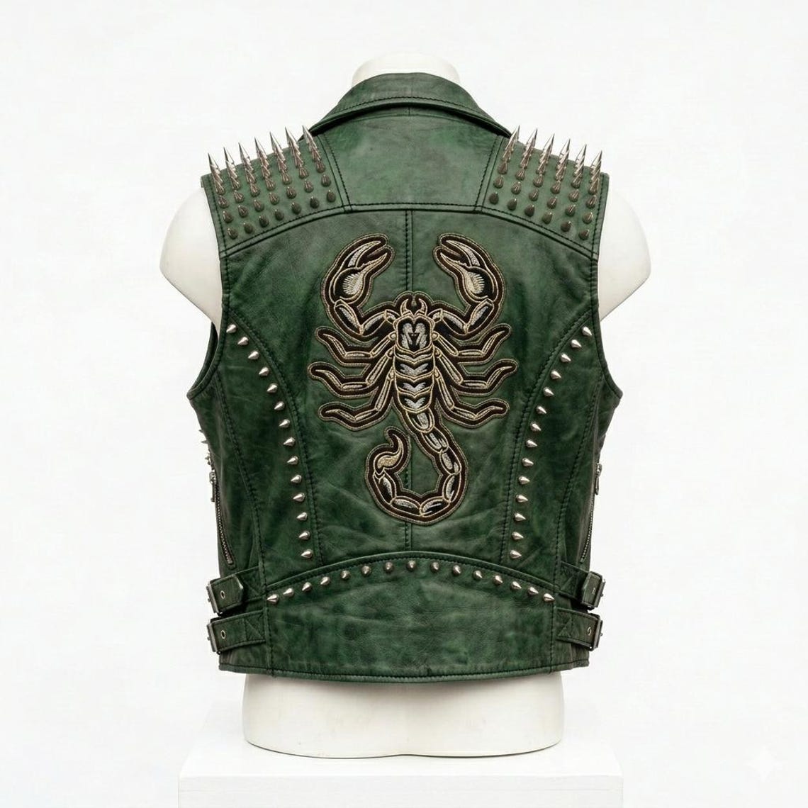Back view of green studded leather vest mens fashion