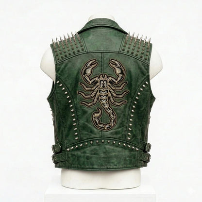 Back view of green studded leather vest mens fashion