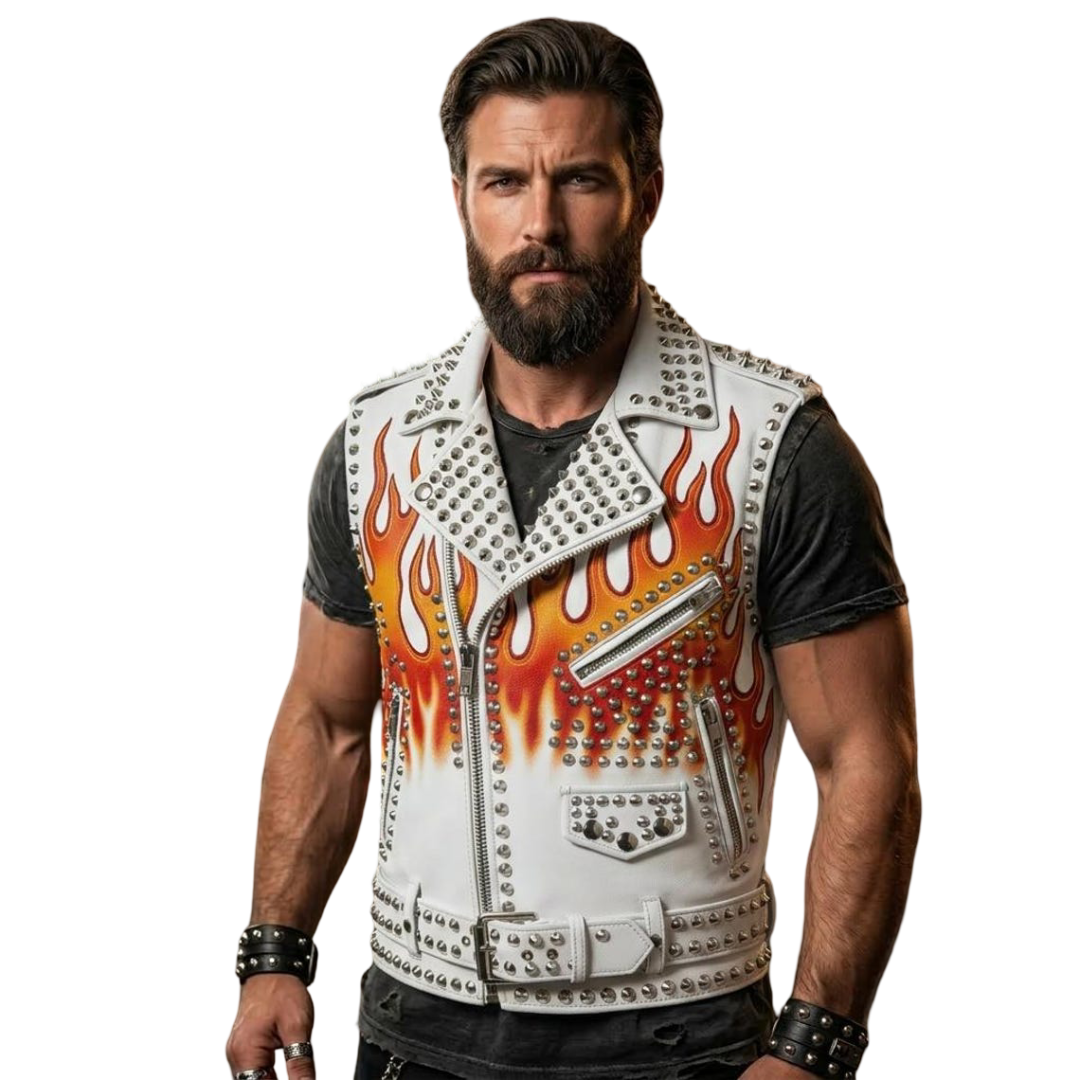  Front view of men’s studded leather vest with flame print in black cowhide