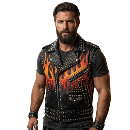 Front view of men studded leather vest with flame print in black cowhide