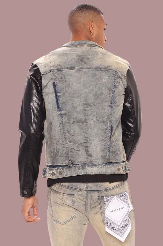 Men's denim jacket featuring a classic blue denim body and black leather sleeves
