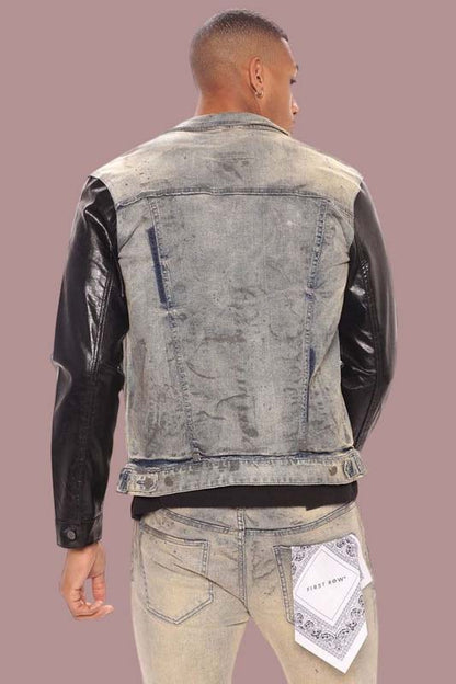 Men's denim jacket featuring a classic blue denim body and black leather sleeves