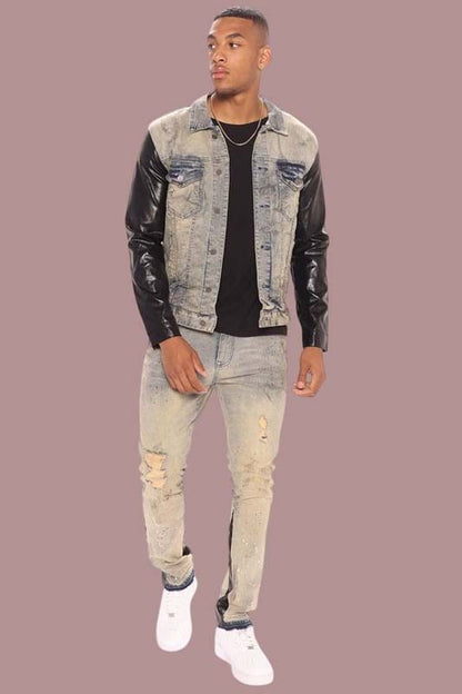 Denim and black leather combination jacket for men's streetwear
