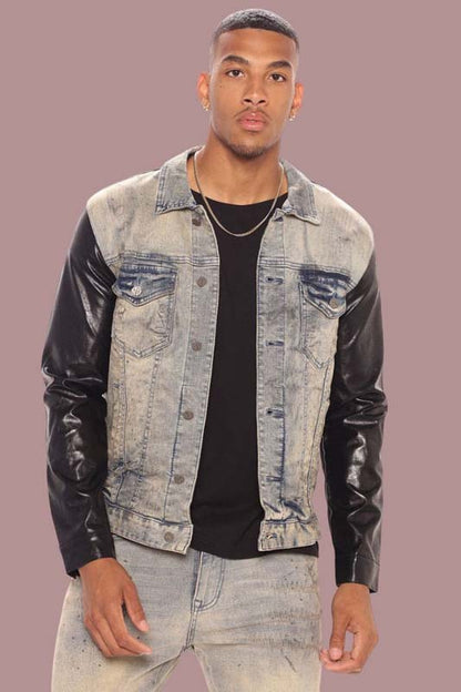 Men's denim jean jacket with contrasting black leather sleeves
