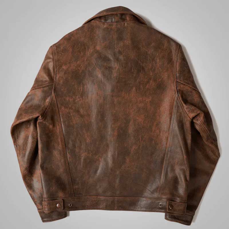 mens trucker distressed leather jacket in dark brown shearling store