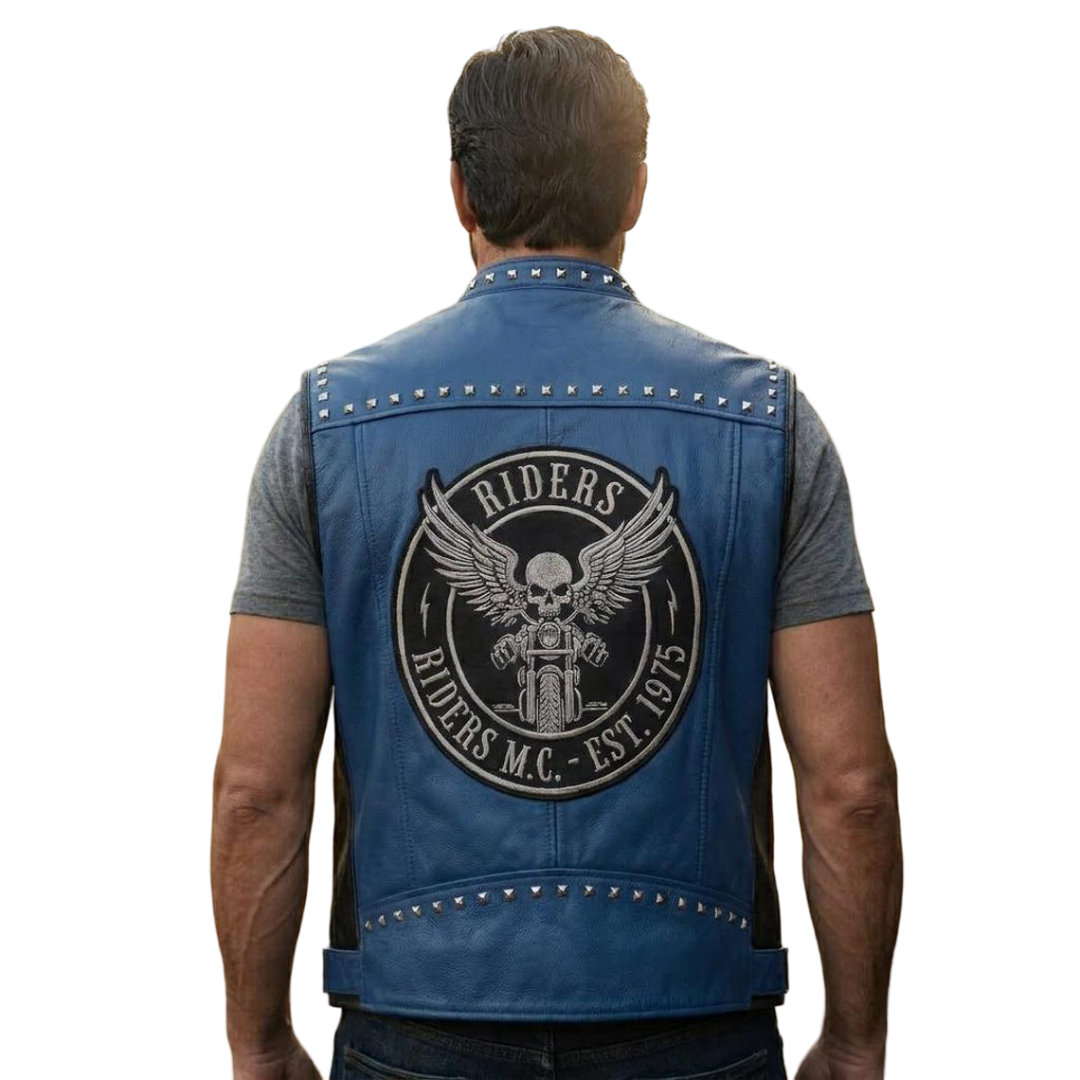 Back design of blue and black leather motorcycle vest for men