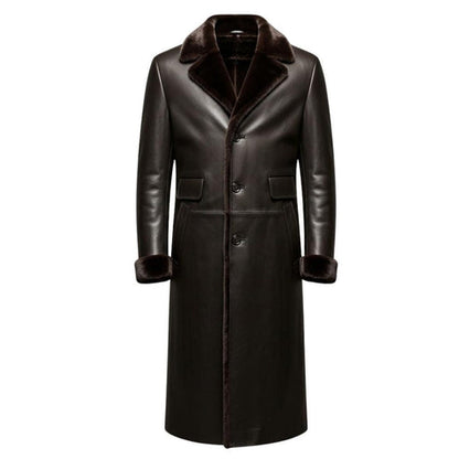 Front view of men vintage genuine leather shearling trench coat