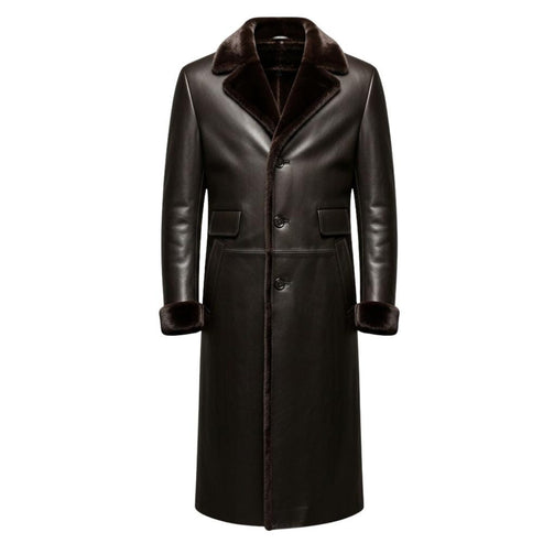 Front view of men vintage genuine leather shearling trench coat