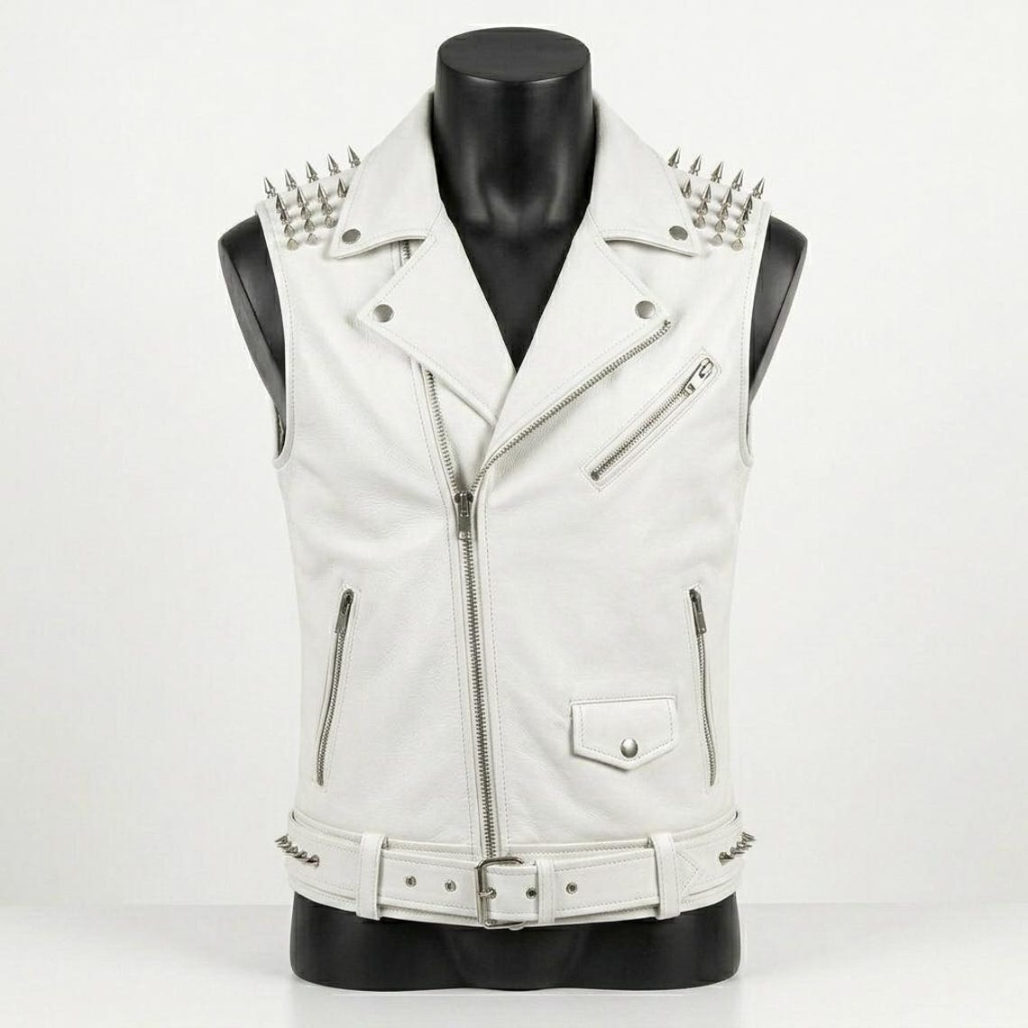 Front view of men’s white leather biker vest with skull patch