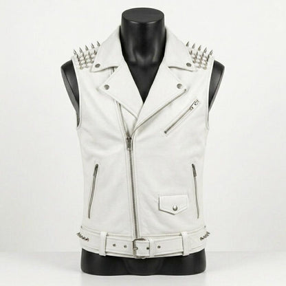 Front view of men’s white leather biker vest with skull patch