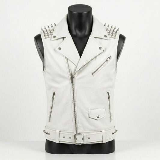 Front view of men’s white leather biker vest with skull patch