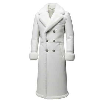 Front view of men genuine leather white fur trench coat