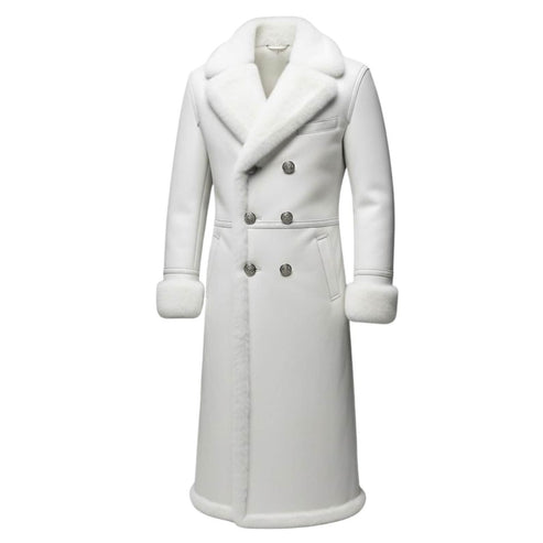 Front view of men genuine leather white fur trench coat