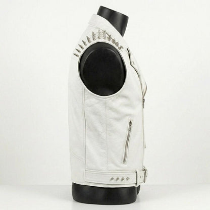 Side profile of men’s white motorcycle leather vest