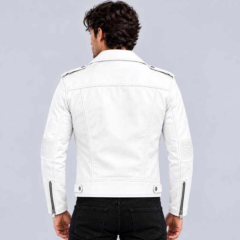 Handmade-style white faux leather jacket featuring a lapel collar and metallic snap-buttons.