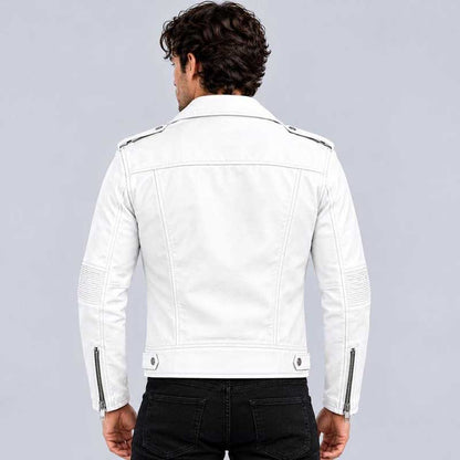 Handmade-style white faux leather jacket featuring a lapel collar and metallic snap-buttons.