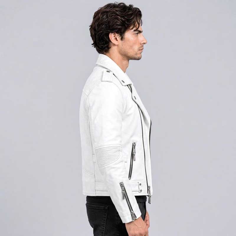 Men's white biker jacket with zipper accents and functional zip pockets.