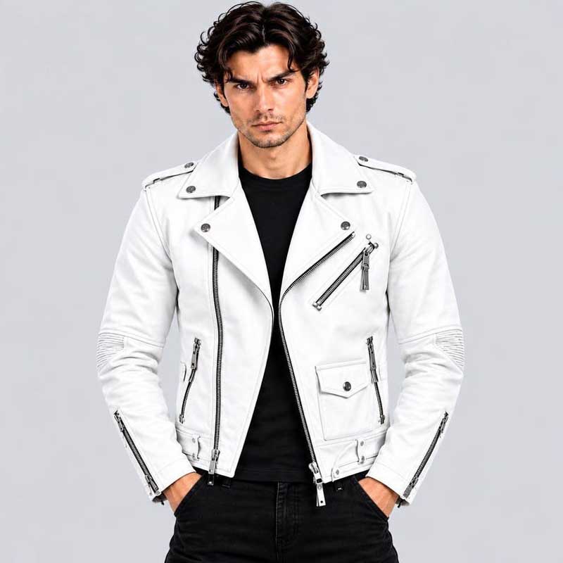 Men's white PU leather biker jacket with a classic cafe racer-inspired silhouette.