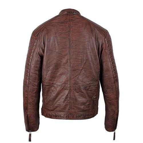 Brown genuine leather moto jacket with a vintage crinkled finish
