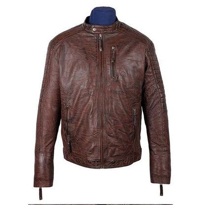 Men's wrinkled brown café racer jacket made from genuine leather
