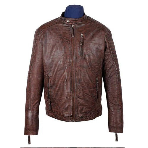 Men's wrinkled brown café racer jacket made from genuine leather