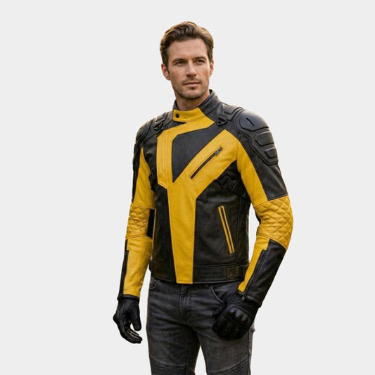 Men Yellow and Black Leather Motorcycle Jacket Quilted Armored Moto Coat