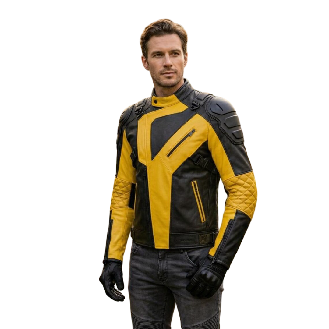 Front view of mens yellow and black leather motorcycle jacket
